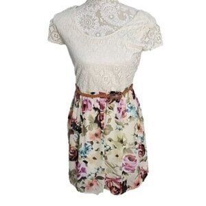 Rue 21 Floral Mini dress With Lined Lace Top And Belt Medium